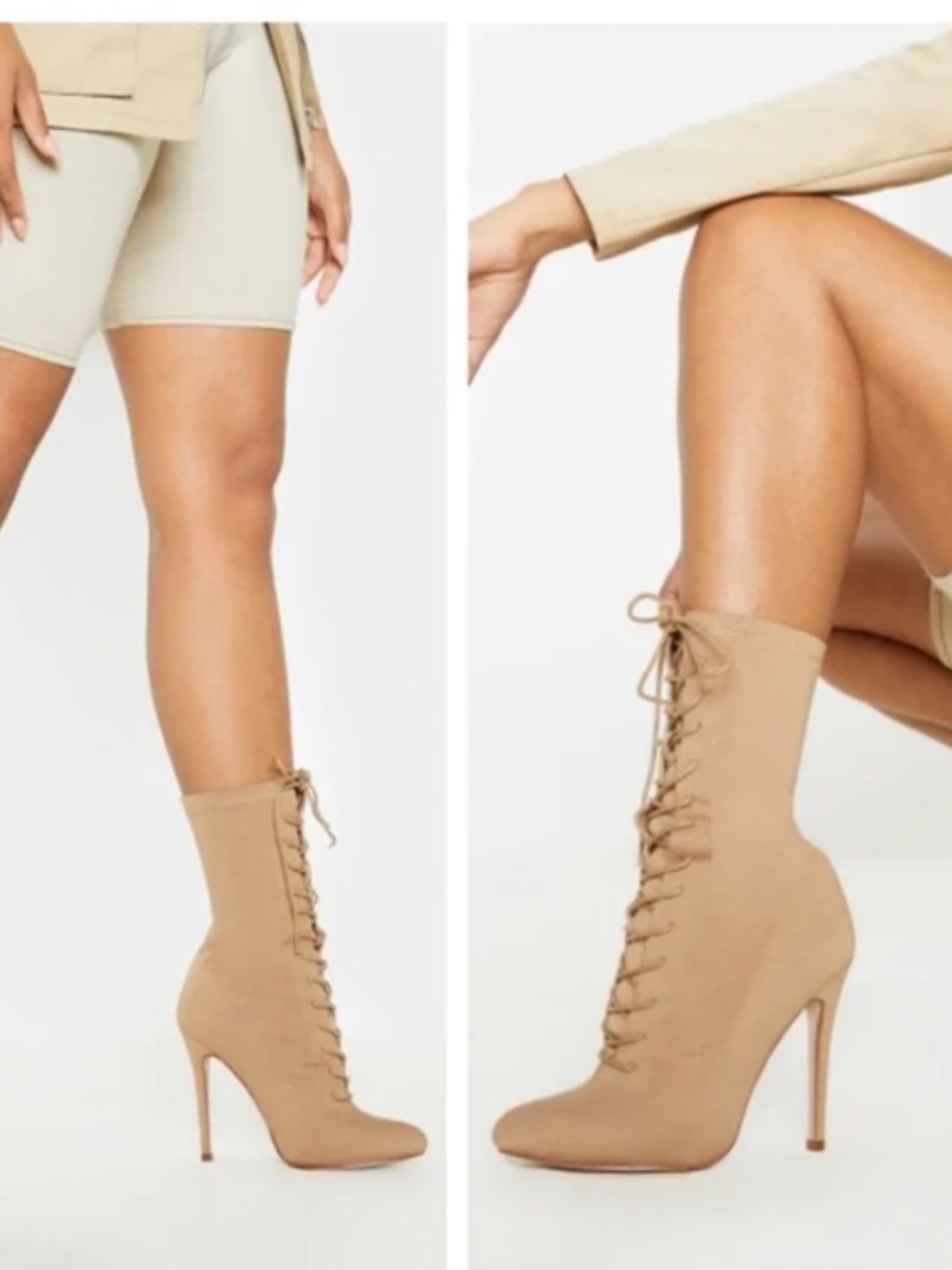 Pretty Little Thing Mazy Nude Lace Up Sock Boots Size 8